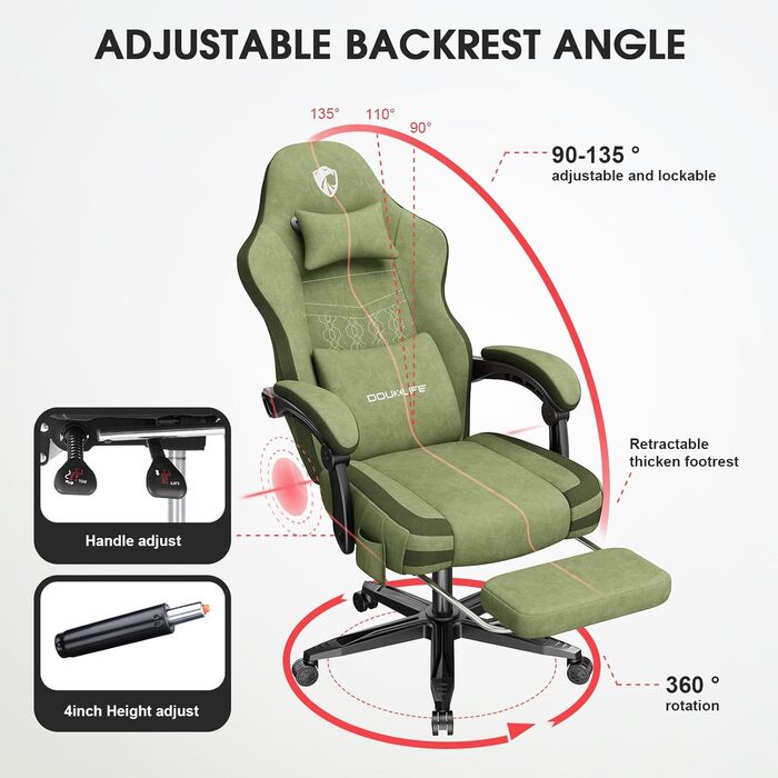 Ігровий крісло Douxlife з масажем, розширене пружинне сидіння, ергономічний офісний стілець для геймерів, стілець для роботи з підніжкою, 158 кг, темно-зелений