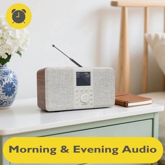 MD5 Стерео Радіо DAB з Bluetooth 5.3 та 2.4' дисплеєм, Портативне цифрове радіо UKW, Стереозвук 2.0, 40 місць пам'яті, Будильник, Повторний будильник та режим сну, USB-C живлення (мережа або батарея) (Волоський горіх)
