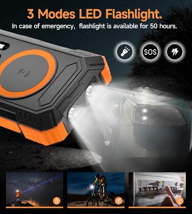 Портативний зарядний пристрій Solar Powerbank 56800 mAh з бездротовою зарядкою, 30W PD, 6 виходів, ліхтарик, велика ємність для кемпінгу та подорожей (Помаранчевий)