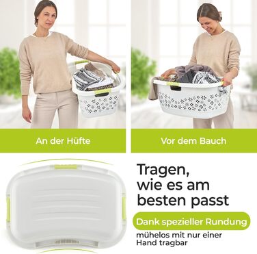 Premium laundry basket 50 L with ergonomic shape, soft-touch handles, breathable design, and decorative floral pattern (white/mint green)
