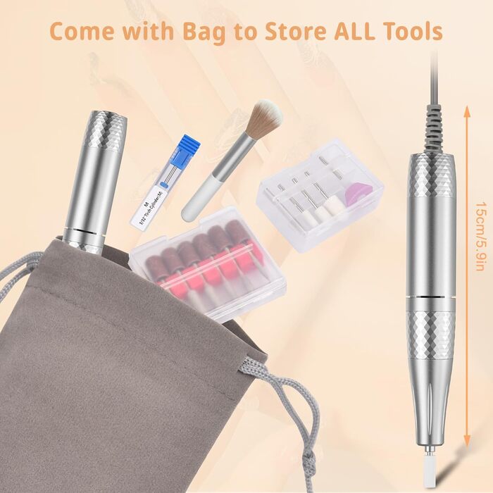 Професійна електрична нігтьова пилка 45000 об/хв для гелевих та акрилових нігтів з LCD-дисплеєм, системою фіксації насадок, набором для манікюру та педикюру для дому та салонів (Білий)