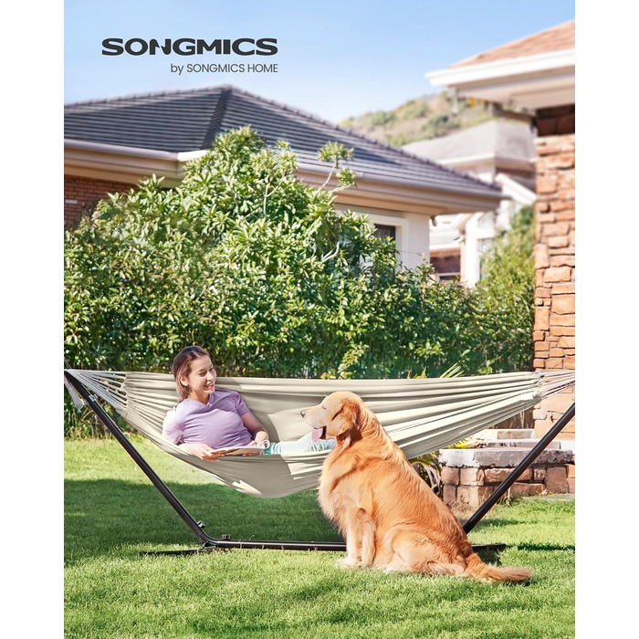 Гамак SONGMICS 210x150 см, регульований, металевий каркас, до 240 кг, для саду, чорний каркас, бежева тканина