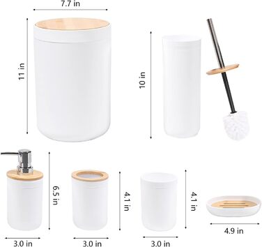 Набір для ванної кімнати MissFox 6 предметів: мильниця, дозатор миючого засобу, сміттєвий бак, тримач для зубних щіток, бачок для води, точилка для унітазу, бамбук, білий
