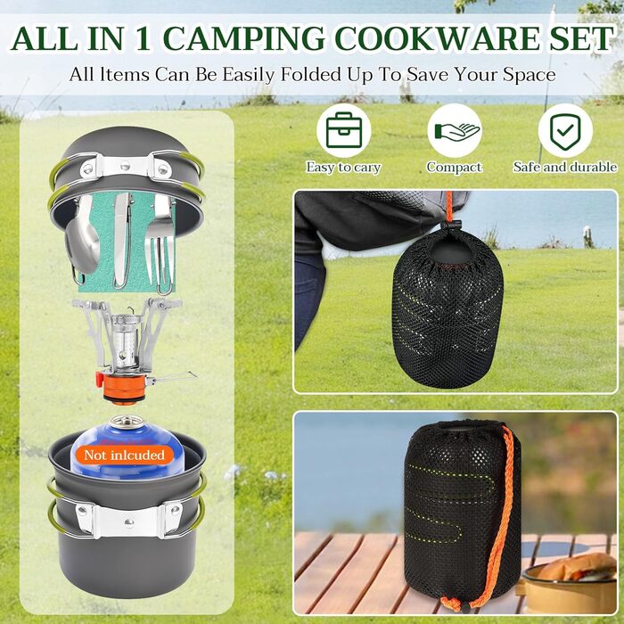Набір кухонного посуду для кемпінгу Herbst, 11 предметів: каструля, плитка, столові прибори, серветки для чищення. Ідеально для пікніків та походів