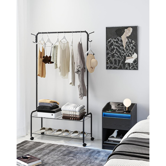 Clothes Rack with 2-Tier Shelf, 3-in-1 Design, Clothes Stand with 4 Wheels, Coat Rack with 4 Hooks for Bags, GR07499A (Black)