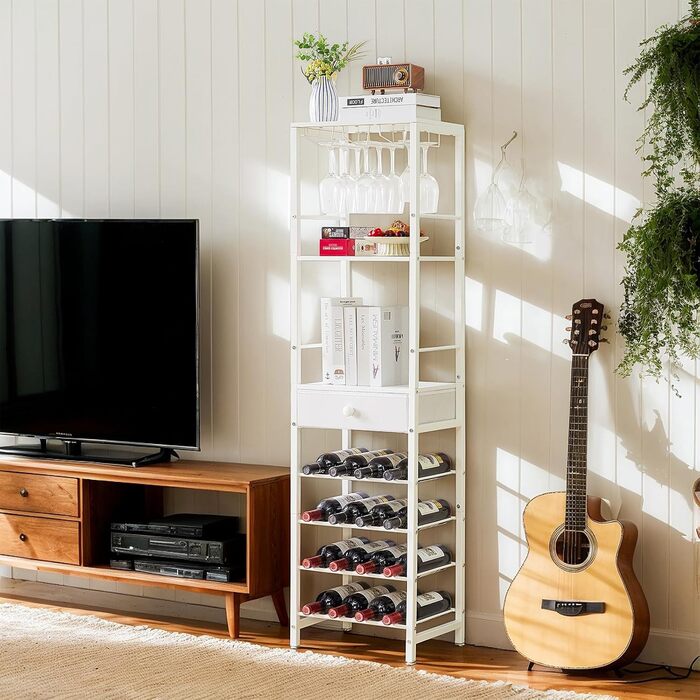 IBUYKE Wine Rack, 4-Tier Freestanding Wine Rack with Glass Holder and Drawer, 16 Bottle Rack Countertop Wine Rack with Tabletop Storage, for Kitchen, Bar, Dining Room, White TMJ905W