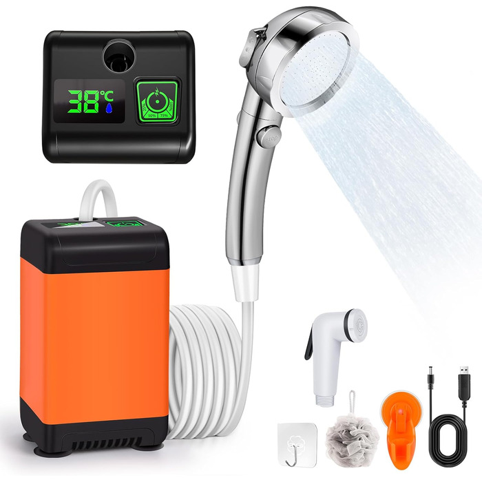 Portable Camping Shower, 6000mAh Camping Shower Battery with Pump and Temperature Gauge, Portable Camping Shower Outdoor with Shower Head and 2m Hose for Garden, Travel, Car Washing, and Pet Use