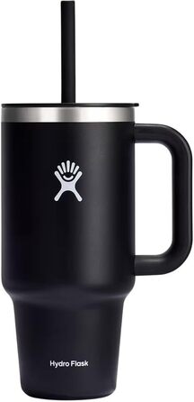 HYDRO FLASK - Travel Tumbler - Thermobecher 946 ml (32 Oz) with Press-In Straw Lid - Stainless Steel - Double-Wall Vacuum Insulation - Splash-Proof Lid - Black