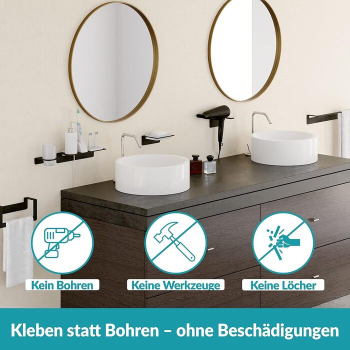 WEISSENSTEIN Badablage without Drilling - Stainless Steel Shelf for Bathroom - 14 x 9.5 x 5 cm (24 cm, Black)