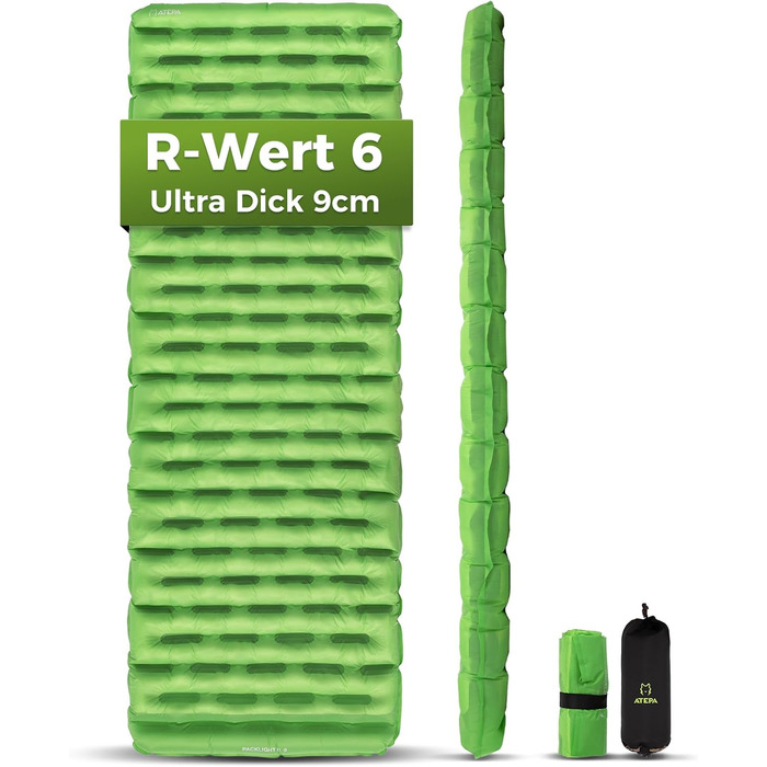 ATEPA ThermAir ізомат для кемпінгу та трекінгу, 6R, R-значення 6.6, 7 камер, компактний, з сумкою, 9см товщина, 9см зелений