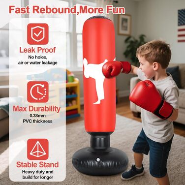 Дитячий боксерський мішок 160 см з рукавичками та насосом, надувний, для занять карате та тхеквондо, червоний