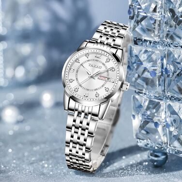 Жіночий годинник з арабськими цифрами, маленьке циферблат, Easy Read, з датою, з нержавіючої сталі, водостійкий, сріблястий браслет, біле циферблат (8102g)