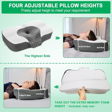 Elviros Orthopedic Memory Foam Pillow, Head Pillow for Neck Pain, Sleep Pillow, Ergonomic Neck Roll, Neck Support Pillow for Shoulder Pain, Anti-Snoring Pillow for Side Sleepers Dark Grey 60 x 38.6 x 9.9/13.5 cm