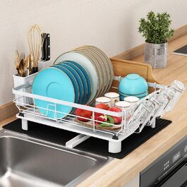 Сушарка для посуду MAJALiS 2-ярусна з піддоном та килимком, з тримачем для столових приборів, чорна (біло-чорна)