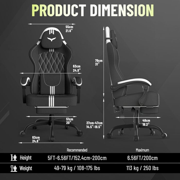 Геймерське крісло Ferghana Ergonomic з підтримкою спини, голови та підставкою для ніг - чорно-біле