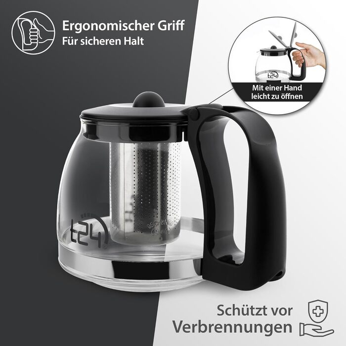Скляна чайниця T24 з ситом, 1250 мл, термостійка, з нержавіючою сталлю, для заварювання листового чаю, з захистом від перегріву