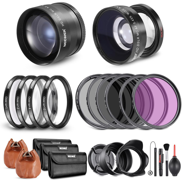 Набір об'єктивів NEEWER 52mm: ширококутний, телеоб'єктив, макро, ND-фільтри (ND2, ND4, ND8), UV, CPL, FLD для APS-C