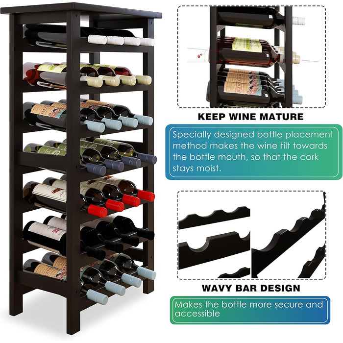 SMIBUY Bamboo Wine Rack, for 28 Bottles, 7 Tiers, Freestanding, for Kitchen, Pantry, Cellar, Bar (Black)