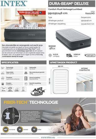 Надувне ліжко Intex Twin Comfort-Plush з Fiber-Tech RP, розмір: 99 x 191 x 46 см (64412ND)