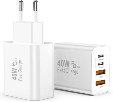 Набір зарядних блоків USB-C 40W з 4 портами (2xUSB-C, 2xUSB-A) - 2 шт. для iPhone, iPad, Samsung (Білий)