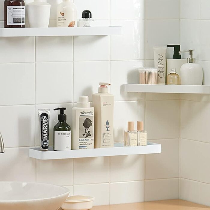 Biutimarden Shower Shelf No Drilling, Bathroom Shelf, Glass Shelf, Wall Mounting, Bathroom Shelf, Rectangular 8MM Tempered Glass, Self-Adhesive, Space Aluminum for Bathroom, Kitchen, Bathroom Accessories, 40CM White