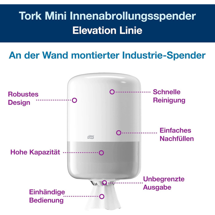 Tork 559000 Roll Dispenser for M2 Paper Towels in Elevation Design / Paper Towel Dispenser for hygienic single towel dispensing in White, 239mm x 360mm x 227mm