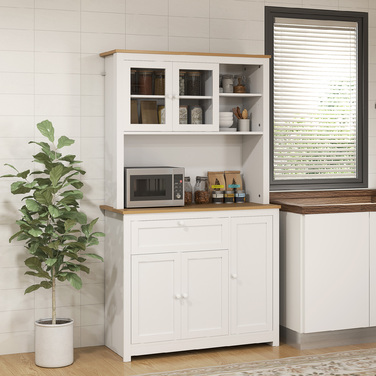 HOMCOM Farmhouse-Style Kitchen Cabinet with 1 Vitrine (Glass-Front Cabinet), 1 Open Shelf, 1 Drawer, and 2 Cabinets, Natural + White