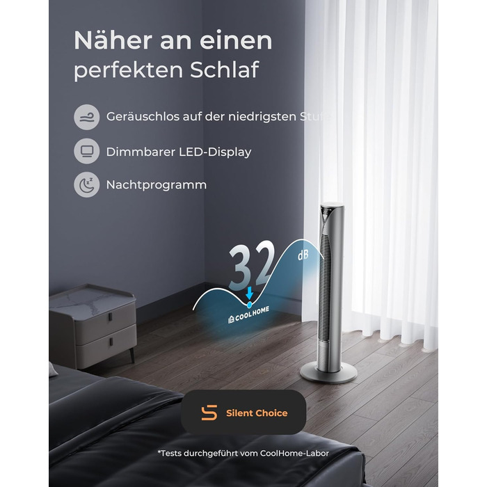 CoolHome CF2206 Турбовентилятор з пультом керування - тихий підлоговий вентилятор з таймером, 96 см, срібний