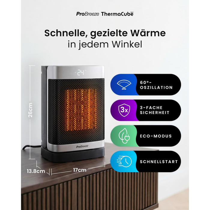 Керамічний тепловентилятор-товпіль Pro Breeze ThermaCube Plus 2200W з термостатом, дистанційним керуванням та Eco-режимом, обертання 65°, захист від перекидання