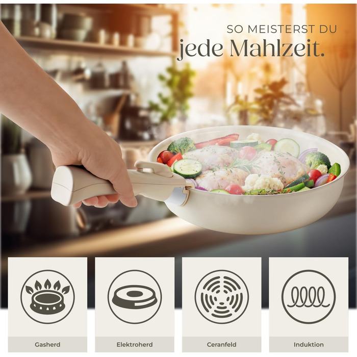 Набір посуду Tectake 16 предметів для індукції з керамічним антипригарним покриттям: каструлі, сковороди, кришки. Знімні ручки.