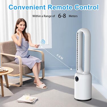 Безлопатий вентилятор з дистанційним керуванням, тихий, з LED-дисплеєм, 90° гойдання, 24 швидкості, 12H таймер, підлоговий вентилятор для дому (білий)