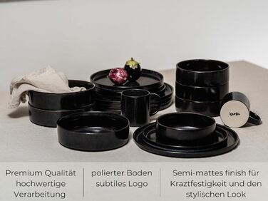 Igünja 12-Piece Dinnerware Set - Reactive Glaze Stoneware Bowls & Plates (Black, Mug Set) - Premium Handcrafted Tableware for 4