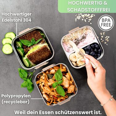 Бенто-бокс 'Remy' 2100мл, 3 секції з відділеннями та столовим прибором, преміум-якість, нержавіюча сталь, BPA-free, велика ланчбокс для дорослих, для Meal Prep, миється в посудомийній машині та підходить для мікрохвильової печі
