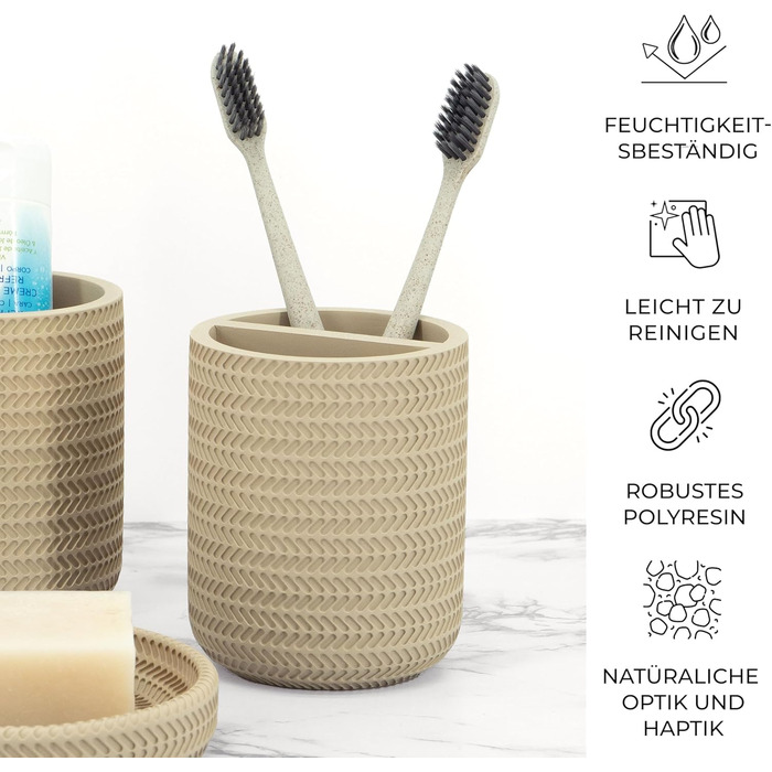 ZCCZ Bathroom Set – 4-Piece Organizer Set with Toothbrush Holder, Soap Dispenser, Cosmetic Bowl, and Cotton Swabs – Elegant Stone-Look Decor, for Modern Bathrooms (Beige 4pcs)