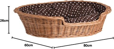 Wicker dog basket for dogs and cats. Dog bed, cat bed with cushion, pet basket, woven cat basket. 60x43 H19 cm (L 80 x W 60 x H 26 cm, Natural)