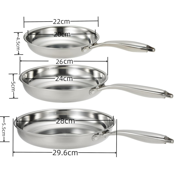 Набір сковорідок SanheKit з нержавіючої сталі, 3 шт. (8, 10, 12 дюймів), професійний, індукційний, для плити та духовки