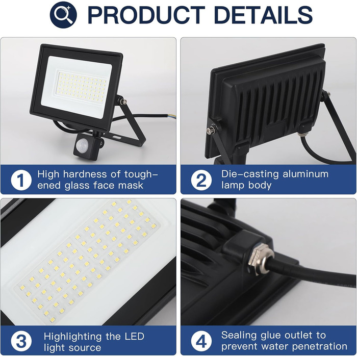 LED Floodlight 50W, Outdoor 5000LM, Spotlight 72 LED IP65 Waterproof, Outdoor Floodlight 6500K Cold White, 230V for Garage, Garden 【2 Pieces Black】 (50wgj 6500k Cold White, Motion Sensor)