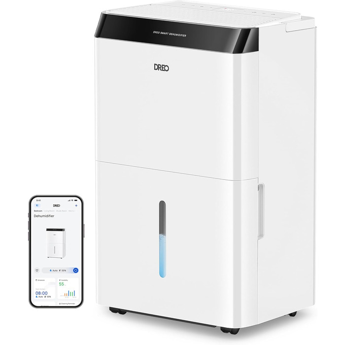Dreo Розумний осушувач повітря /24h, для приміщень 37 м² – енергоефективний та тихий – керування через App & Alexa – 3 режими, таймер, регульована вологість, з відводом води, для спальні та ванної кімнати, білий (20L, чорний)