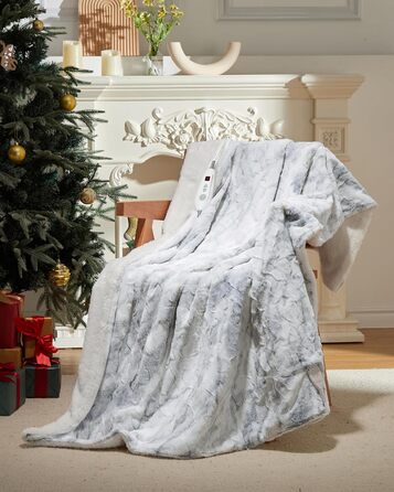 Електрична ковдра LinTimes з автовимкненням, 6 температурних режимів, таймер 10 годин, PV-велюр та Sherpa фліс, пральна, (Мраморний, 180 x 130 см)