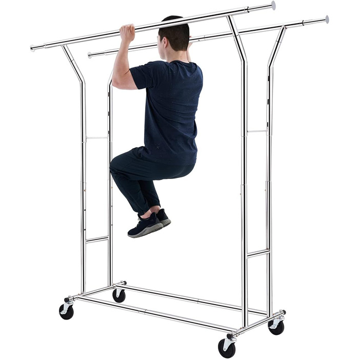 HOKEEPER Heavy-Duty Clothes Rack, Commercial Grade, Up to 181 kg (400 lbs) Load Capacity, Extendable Clothes Rod on Wheels, Durable Double Rails for Hanging Clothes, Silver