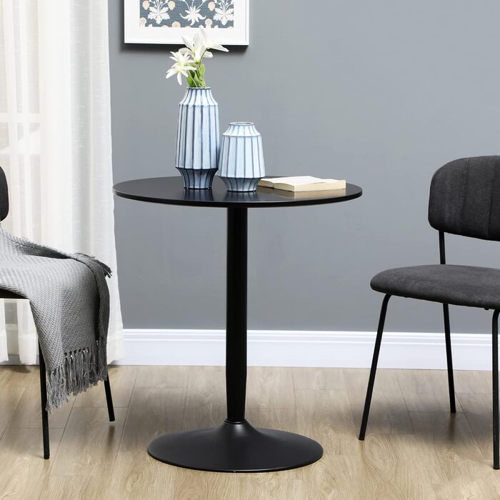 HOMCOM Dining Table, Round Kitchen Table, Modern Dining Table for 2 People, Bar Table Pedestal Table with Steel Leg, Non-Slip Foot Pad, Coffee Table for Living Room, Ø70 x 75 cm, Black 70L x 70W x 75H cm Black