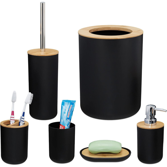 Набір для ванної кімнати Relaxdays, 6 предметів: аксесуари з пластику та бамбуку, повна комплектація, чорний колір