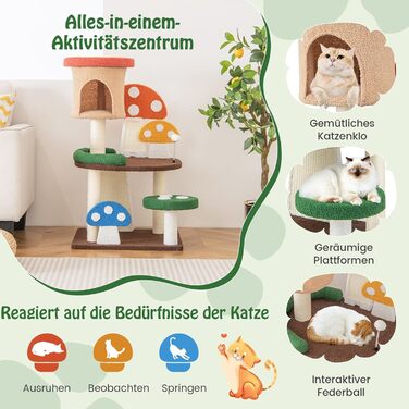 Дерев'яний кігтечка для котів COSTWAY з печеринами та платформою, з сизалевим покриттям, 59x48x102 см, кольоровий