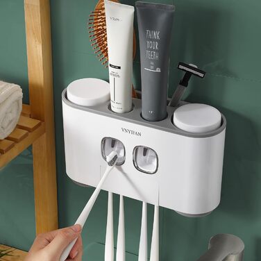 Toothbrush holder with toothpaste dispenser, wall-mounted for bathroom, bathroom organizer, storage accessory set for kids with 5 toothbrush holder slots