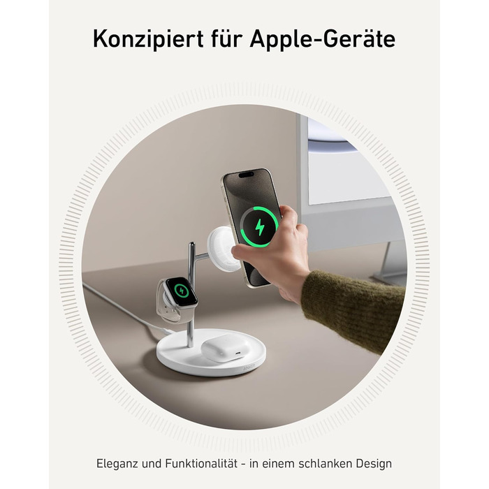 Anker MagGo Зарядна станція 3-в-1 бездротова, 15W, MagSafe, Qi2, для iPhone 16/15/14/13, AirPods Pro, Apple Watch Ultra (з USB-C адаптером та кабелем)