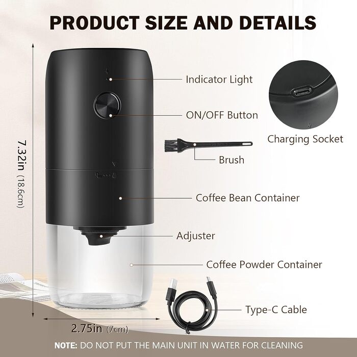 Weinsamkeit Coffee Grinder, USB Rechargeable Electric Coffee Grinder with Ceramic Burr Grinder Adjustable Coarseness Espresso Coffee Grinder Portable Electric Grinder for Coffee Beans Spices Beans