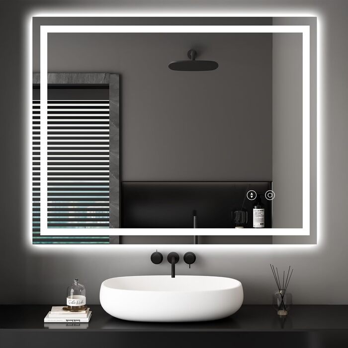 Дзеркало для ванної кімнати з LED-підсвічуванням Dripex, 50x70 см, сенсорне керування, протитуманне покриття, холодний білий світ, енергозберігаюче