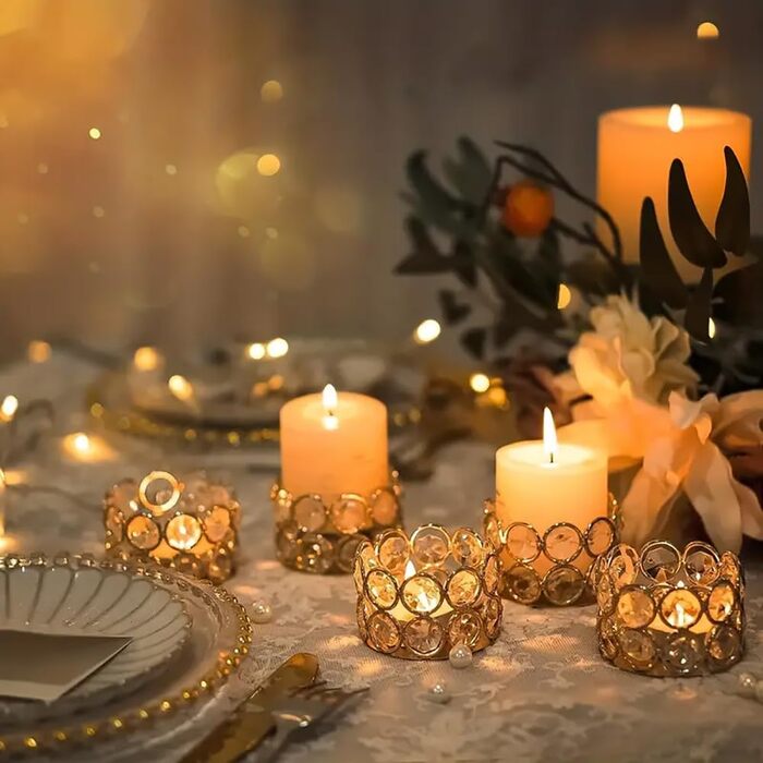 VINCIGANT Tealight Holder Gold Crystal, Metal Candle Holder Stand 12-Piece Set // Christmas Decoration, Living Room, Wedding Table Decoration