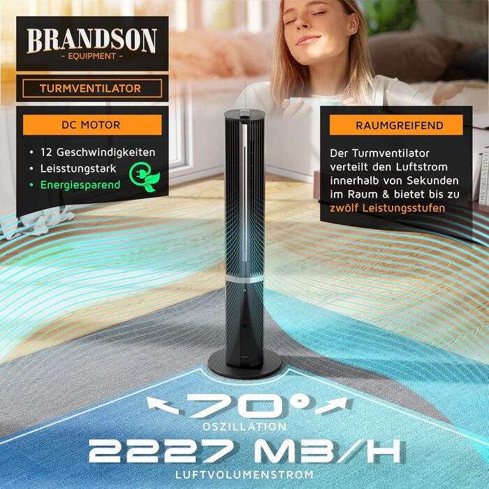Вентилятор з водяним охолодженням Brandson - преміум модель 2025 року, з вологопоглиначем та дистанційним керуванням, 12 швидкостей, тихий DC-двигун