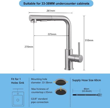 Кухонний змішувач висувний BONADE з душем, 360° поворот, змішувач для кухні з 2 струменями, з нержавіючої сталі, однорідний
